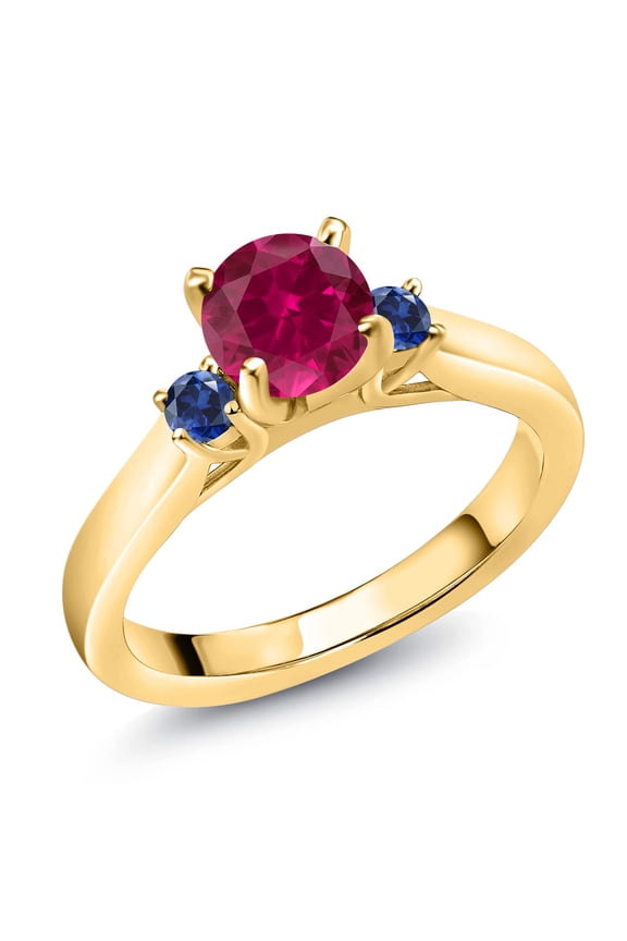 18K Yellow Gold Plated Silver Red Created Ruby and Blue Created Sapphire 3-Stone Engagement Ring for Women (1.26 Cttw, Round 6MM, Gemstone July Birthstone, Size 9)