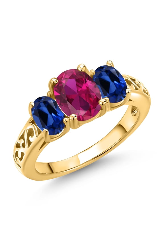 18K Yellow Gold Plated Silver Red Created Ruby and Blue Created Sapphire Filigree Style 3 Stone Ring for Women (2.55 Cttw, Oval 8X6MM and 6X4MM) (Size 5)