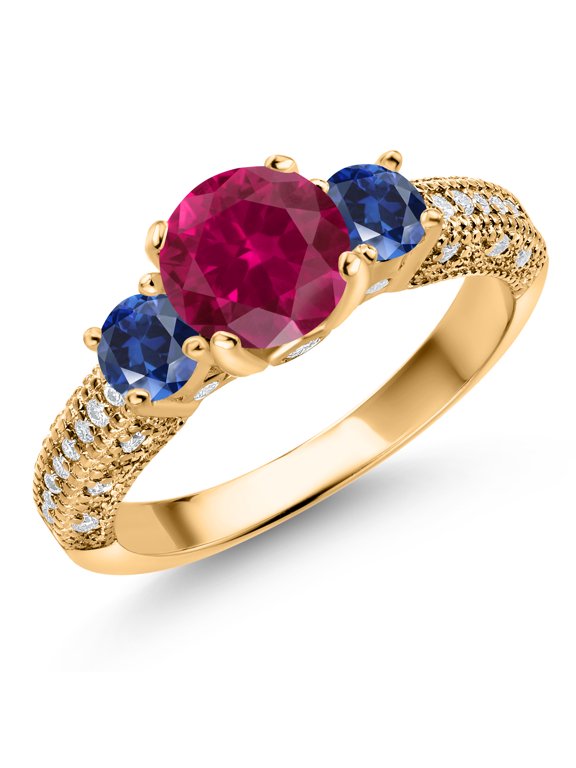 18K Yellow Gold Plated Silver Red Created Ruby Blue Created Sapphire and White Moissanite Engagement Ring for Women | 2.13 Cttw | Round 7MM and 4MM | Size 5, 6, 7, 8, 9 | Size 6