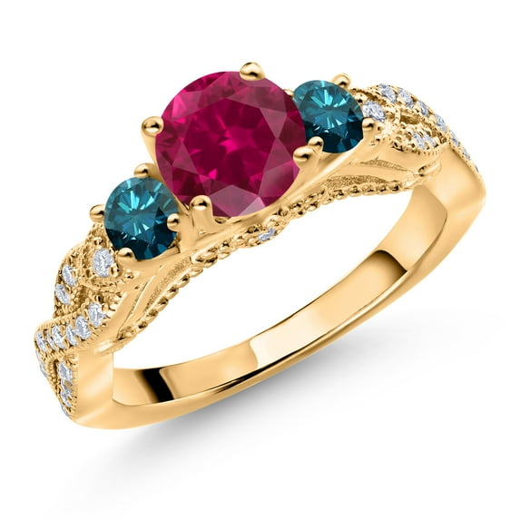 Gem Stone King 18K Yellow Gold Plated Silver Red Created Ruby Blue Diamond and White Moissanite Engagement Ring for Women (1.47 Cttw, Gemstone July Birthstone, Round 6MM and 3MM, Size 9)
