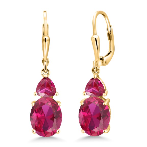 Gem Stone King 18K Yellow Gold Plated Silver Red Created Ruby Dangle Earrings for Women (6.86 Cttw, Gemstone July Birthstone, Oval 10X8MM, Trillion 5MM)