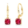 thumbnail image 1 of Gem Stone King 18K Yellow Gold Plated Silver Red Created Ruby Dangle Earrings for Women (2.00 Cttw, Gemstone July Birthstone, Cushion 6MM), 1 of 5