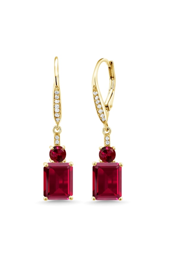 18K Yellow Gold Plated Silver Red Created Ruby Dangle Earrings for Women (6.10 Cttw, Gemstone July Birthstone, Emerald Cut 9X7MM)