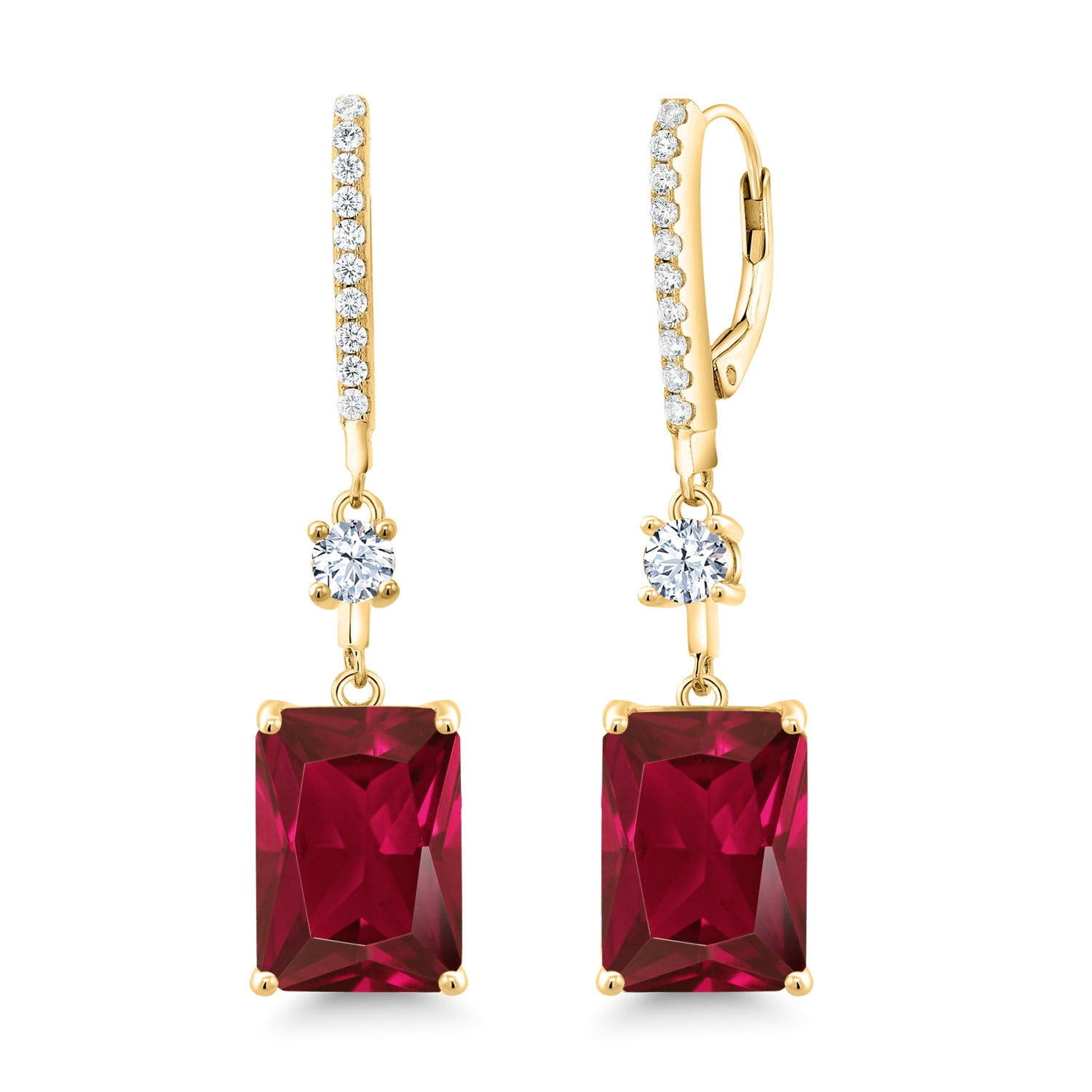 Gem Stone King 18K Yellow Gold Plated Silver Red Created Ruby Earrings for Women | 10.30 Cttw | Emerald Cut 14X10MM | Fine Jewelry Gifts for Women Mom Wife Her