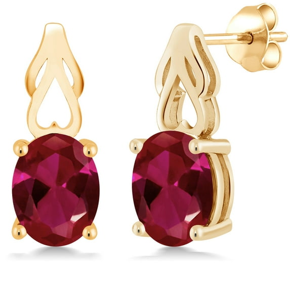 Gem Stone King 18K Yellow Gold Plated Silver Red Created Ruby Earrings for Women (4.00 Cttw, Gemstone July Birthstone, Oval 9X7MM)