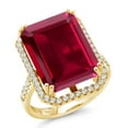 thumbnail image 1 of Gem Stone King 18K Yellow Gold Plated Silver Red Created Ruby Engagement Ring | 20.50 Cttw | Emerald Cut 18X13MM | Wedding Anniversary Promise Ring for Women | Available in Size 5-9, 1 of 4
