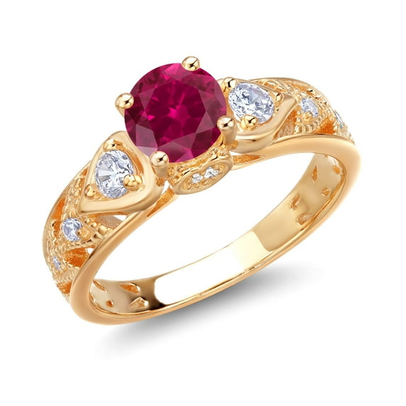 Gem Stone King 18K Yellow Gold Plated Silver Red Created Ruby Engagement Ring for Women (| 2.26 Cttw | Round 6MM | Available in Size 5,6,7,8,9
