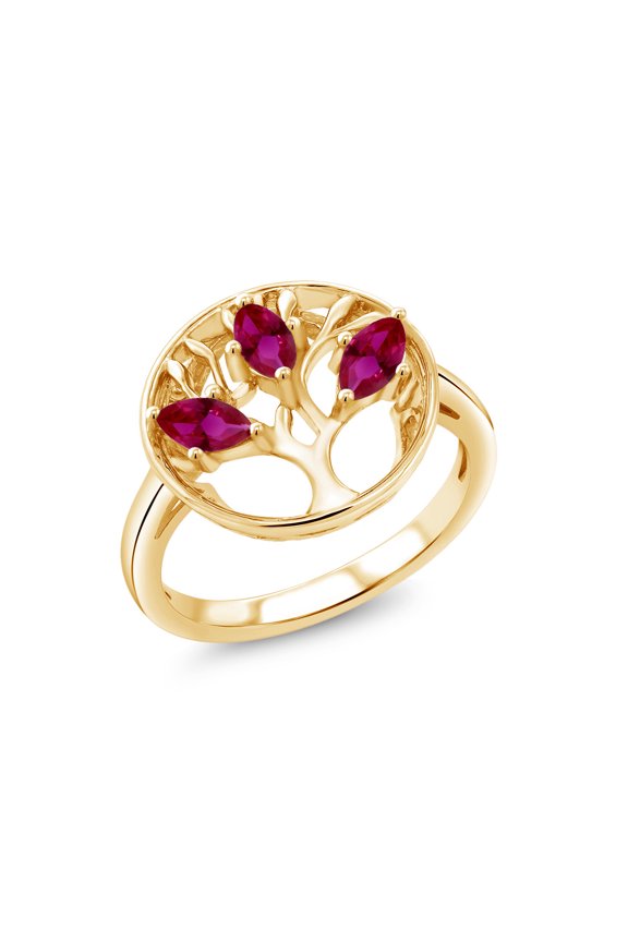 18K Yellow Gold Plated Silver Red Created Ruby Family Tree of Life Ring for Women (0.90 Cttw, Gemstone July Birthstone, Size 7)