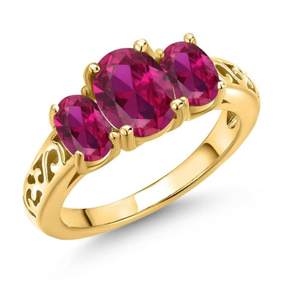Gem Stone King 18K Yellow Gold Plated Silver Red Created Ruby Filigree Style 3 Stone Ring for Women (2.35 Cttw, Oval 8X6MM and 6X4MM) (Size 6)