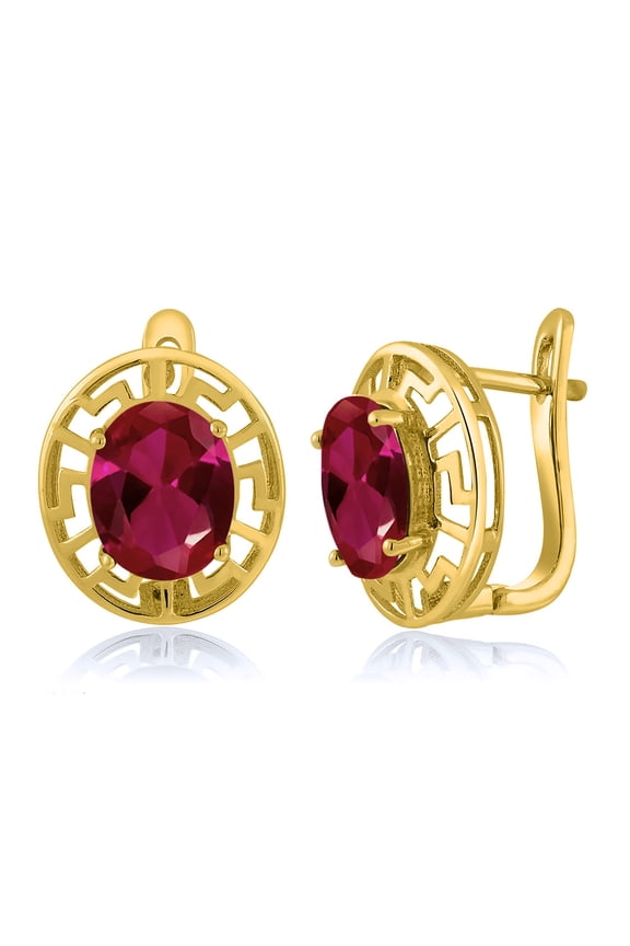 18K Yellow Gold Plated Silver Red Created Ruby Greek Key Earrings for Women (5.00 Cttw, Gemstone July Birthstone, Oval 10X8MM)