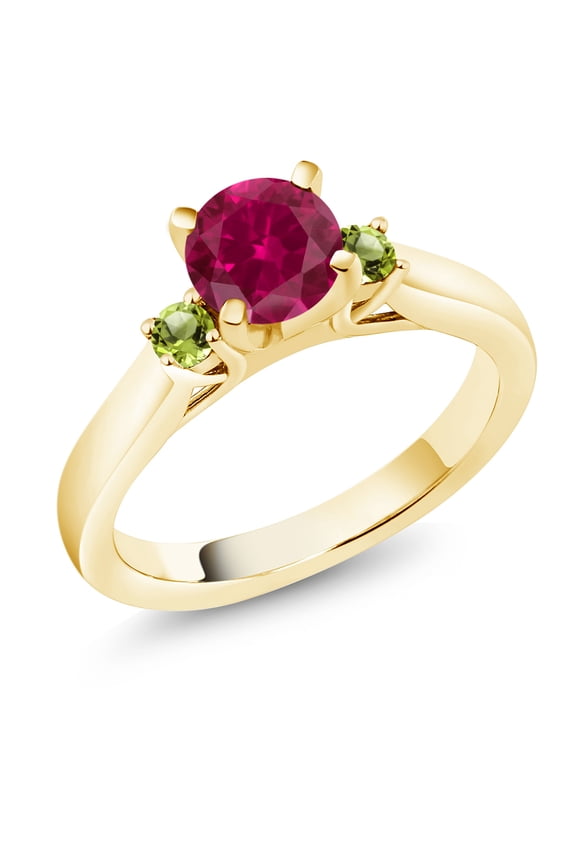 18K Yellow Gold Plated Silver Red Created Ruby and Green Peridot 3-Stone Engagement Ring for Women (1.14 Cttw, Round 6MM, Gemstone July Birthstone, Size 6)