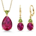 thumbnail image 1 of Gem Stone King 18K Yellow Gold Plated Silver Red Created Ruby and Green Peridot Pendant Earrings Jewelry Set for Women (20.44 Cttw, Pear Shape 18X13MM, with 18 inch Chain), 1 of 3