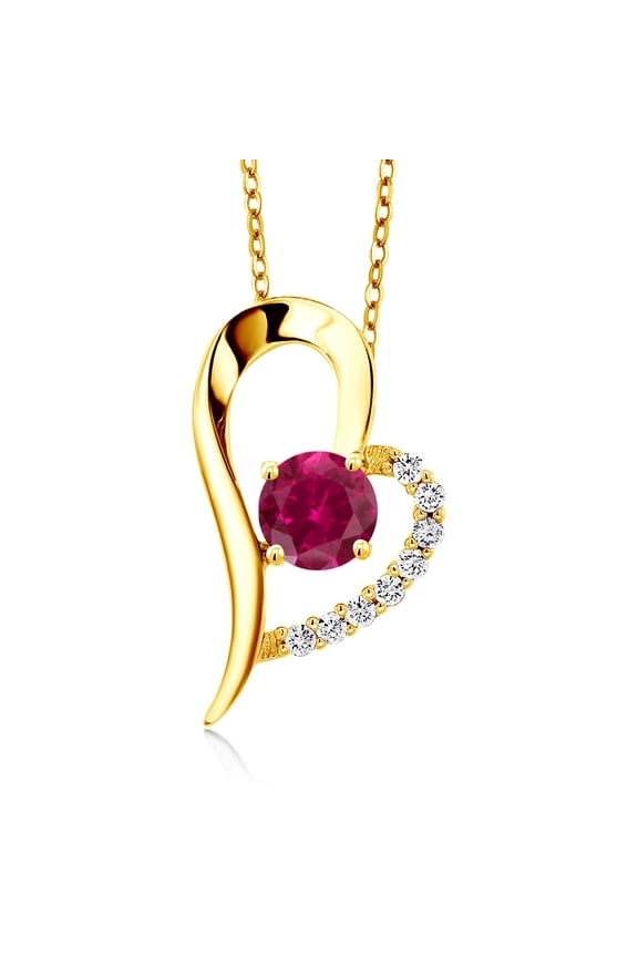 18K Yellow Gold Plated Silver Red Created Ruby Heart Shape Pendant Necklace for Women (1.12 Cttw, Round 6MM, Gemstone July Birthstone, with 18 inch Chain)