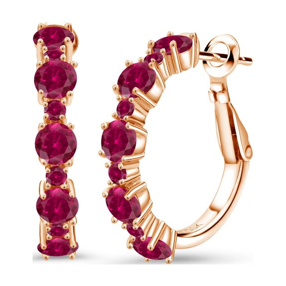 Gem Stone King 18K Rose Gold Plated Silver Red Created Ruby Hoop Earrings for Women (2.90 Cttw, Round 4MM and 1.9MM, Gemstone Birthstone 1 inch Diameter)