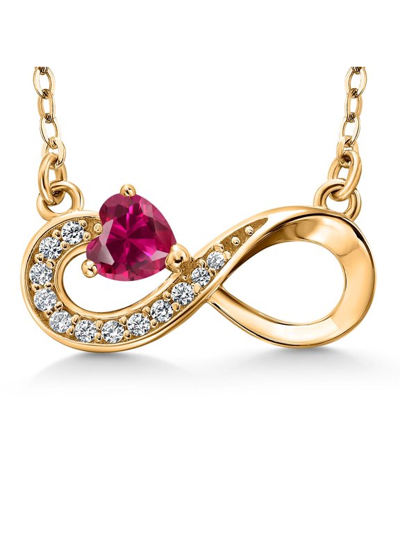 18K Yellow Gold Plated Silver Red Created Ruby Infinity Pendant Necklace for Women (0.42 Cttw, Heart Shape 4MM, with 18 inch Silver Chain)