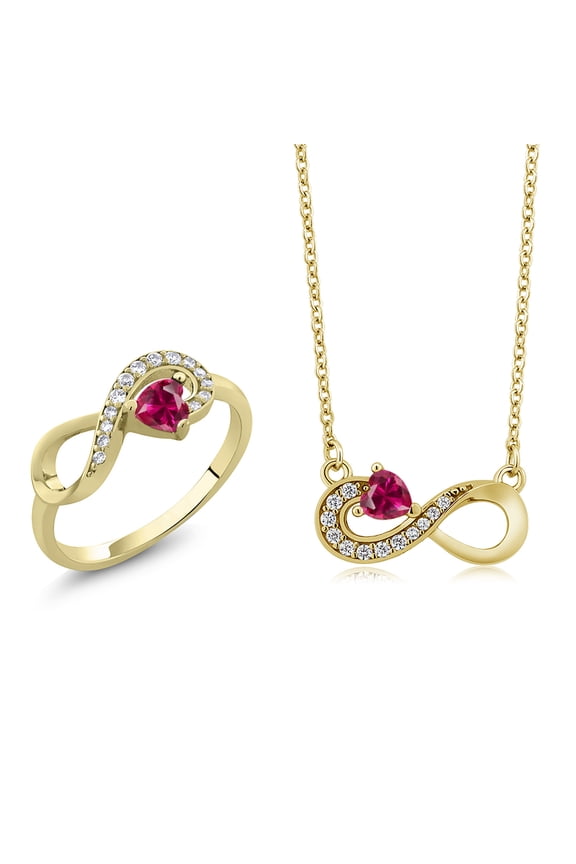 18K Yellow Gold Plated Silver Red Created Ruby Infinity Ring Earrings Pendant Jewelry Set for Women (0.85 Cttw, Gemstone July Birthstone, Heart 4MM, with 18 inch Silver Chain)