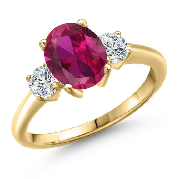 Gem Stone King 18K Yellow Gold Plated Silver Red Created Ruby and Lab Grown Diamond Engagement Ring for Women | 2.54 Cttw | Oval 9X7MM | Gemstone July Birthstone | Size 7