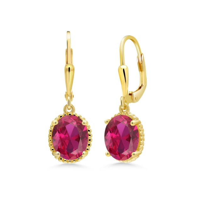Gem Stone King 18K Yellow Gold Plated Silver Red Created Ruby Leverback Dangle Earrings for Women (4.00 Cttw, Gemstone July Birthstone, Oval 9X7MM)