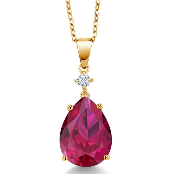 Gem Stone King 18K Yellow Gold Plated Silver Red Created Ruby and Moissanite Pendant for Women | 9.72 Cttw | Gemstone July Birthstone | Pear Shape 16X12MM | Fine Jewelry Gifts for Women Her Mom Wife