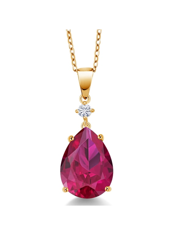 18K Yellow Gold Plated Silver Red Created Ruby and Moissanite Pendant for Women | 9.72 Cttw | Gemstone July Birthstone | Pear Shape 16X12MM | Fine Jewelry Gifts for Women Her Mom Wife