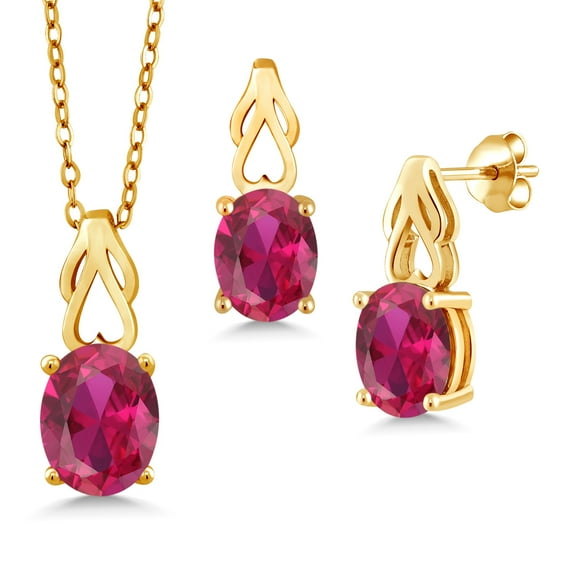 Gem Stone King 18K Yellow Gold Plated Silver Red Created Ruby Pendant and Earrings Jewelry Set for Women | 6.00 Cttw | Oval 9X7 | Gemstone July Birthstone | with 18 inch Chain