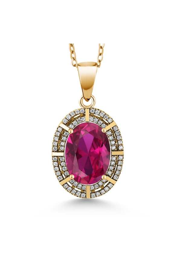18K Yellow Gold Plated Silver Red Created Ruby Pendant Necklace for Women (3.84 Cttw, Oval 14X10MM, Gemstone July Birthstone, with 18 inch Silver Chain)