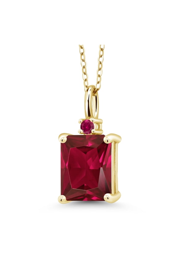18K Yellow Gold Plated Silver Red Created Ruby Pendant Necklace for Women (3.85 Cttw, Gemstone July Birthstone, Emerald Cut 10X8MM with 18 inch Silver Chain)