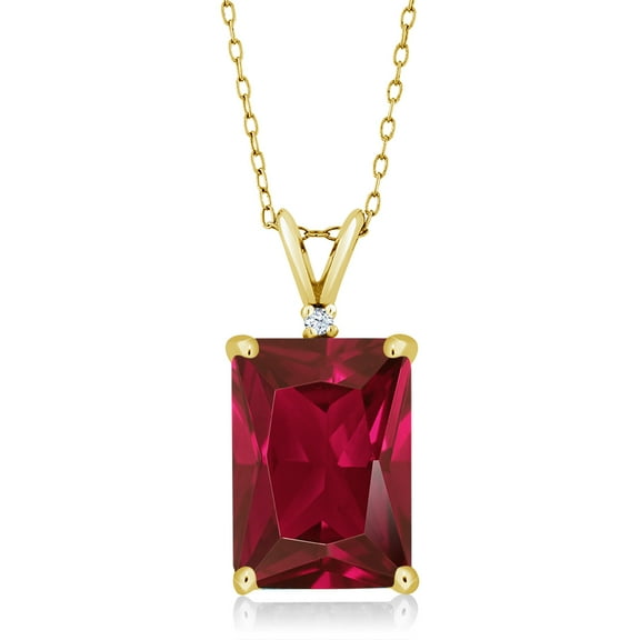 Gem Stone King 18K Yellow Gold Plated Silver Red Created Ruby Pendant Necklace for Women (5.02 Cttw, Gemstone July Birthstone, Emerald Cut 14X10MM, with 18 inch Silver Chain)