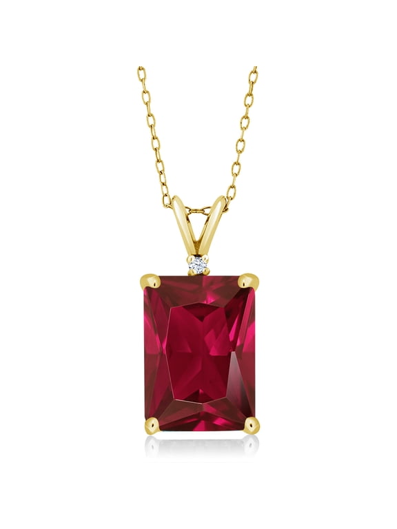 18K Yellow Gold Plated Silver Red Created Ruby Pendant Necklace for Women (5.02 Cttw, Gemstone July Birthstone, Emerald Cut 14X10MM, with 18 inch Silver Chain)