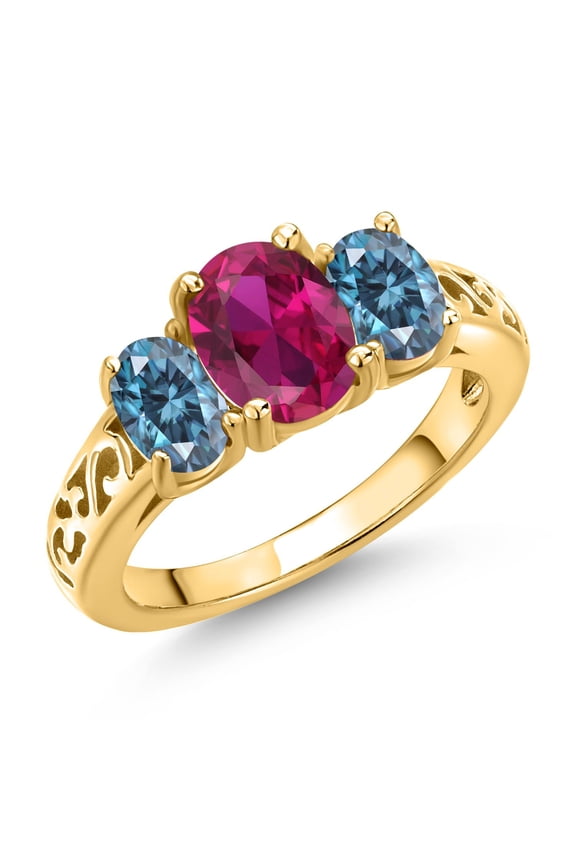 18K Yellow Gold Plated Silver Red Created Ruby and Persian Blue Moissanite Filigree Style 3 Stone Ring for Women (2.25 Cttw, Oval 8X6MM and 6X4MM) (Size 5)