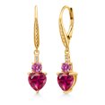 thumbnail image 1 of Gem Stone King 18K Yellow Gold Plated Silver Red Created Ruby Pink Moissanite and White Lab Grown Diamond Drop Dangle Earrings for Women (3.29 Cttw, Heart Shape 7MM, Round 4MM), 1 of 3
