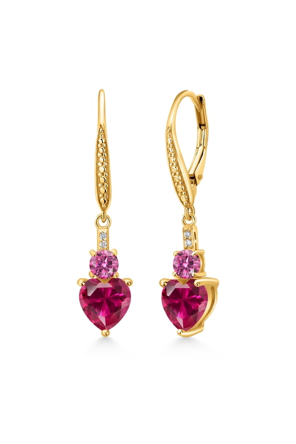 18K Yellow Gold Plated Silver Red Created Ruby Pink Moissanite and White Lab Grown Diamond Drop Dangle Earrings for Women (3.29 Cttw, Heart Shape 7MM, Round 4MM)