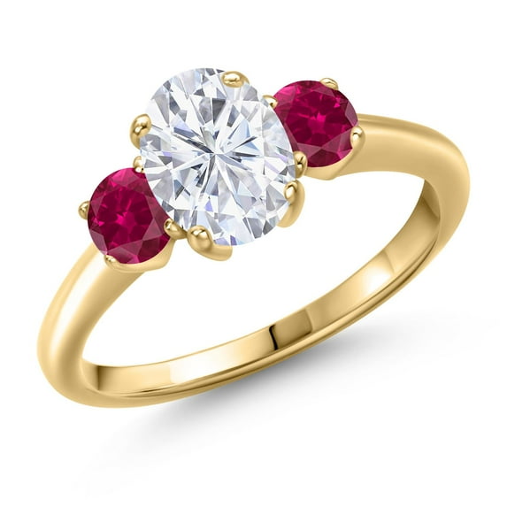 Gem Stone King 18K Yellow Gold Plated Silver Red Created Ruby Ring Set with Moissanite (2.00 Cttw)