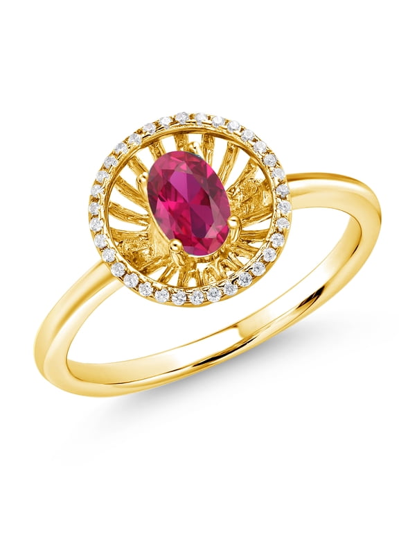 18K Yellow Gold Plated Silver Red Created Ruby Ring for Women (0.98 Cttw, Oval 6X4MM, Gemstone July Birthstone, Size 5)