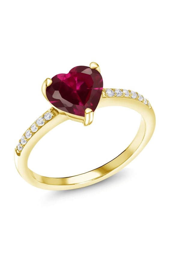 18K Yellow Gold Plated Silver Red Created Ruby Ring for Women (1.84 Cttw, Heart Shape 8MM, Gemstone Birthstone, Available in Size 5, 6, 7, 8, 9)