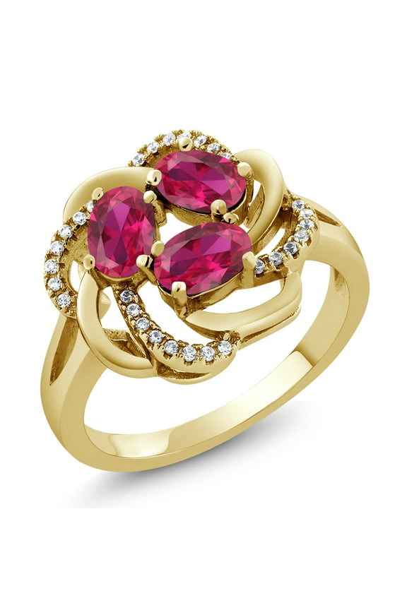 18K Yellow Gold Plated Silver Red Created Ruby Ring for Women (1.87 Cttw, Oval 6X4MM, Gemstone July Birthstone, Available in Size 5, 6, 7, 8, 9)