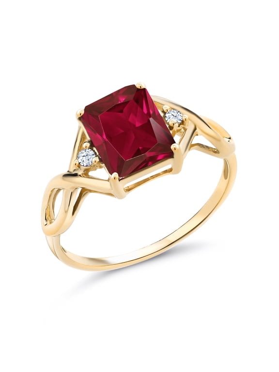 18K Yellow Gold Plated Silver Red Created Ruby Ring for Women 2.83 Cttw, Emerald Cut 9X7MM, Gemstone Birthstone, Size 6