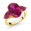 thumbnail image 1 of Gem Stone King 18K Yellow Gold Plated Silver Red Created Ruby Ring for Women (5.00 Cttw, 14X10MM Oval and 7X5MM Pear Shape, Gemstone July Birthstone, Size 5), 1 of 3