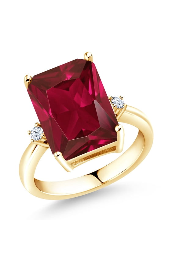 18K Yellow Gold Plated Silver Red Created Ruby Ring for Women (5.06 Cttw, Emerald Cut 14x10MM, Gemstone July Birthstone, Size 7)