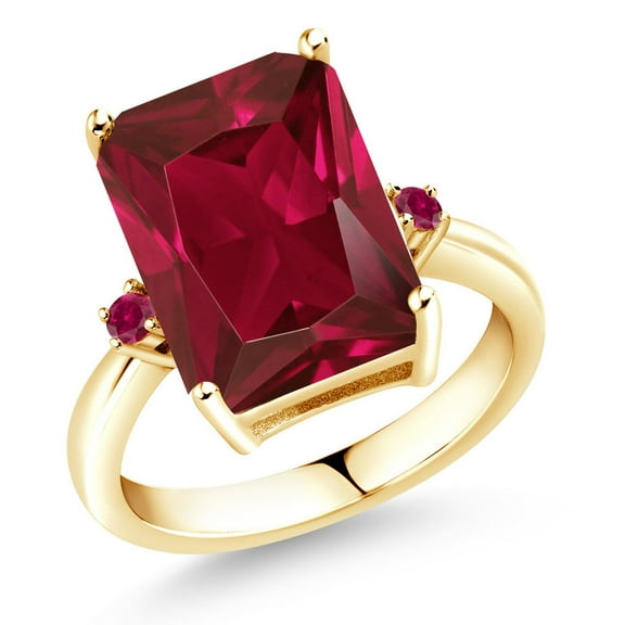 Gem Stone King 18K Yellow Gold Plated Silver Red Created Ruby Ring for Women | 5.10 Cttw | Emerald Cut 14x10MM | Gemstone July Birthstone | Three Stone Wedding Engagement Anniversary Ring
