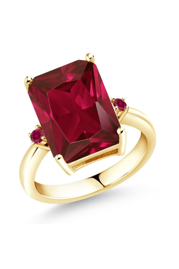 18K Yellow Gold Plated Silver Red Created Ruby Ring for Women | 5.10 Cttw | Emerald Cut 14x10MM | Gemstone July Birthstone | Three Stone Wedding Engagement Anniversary Ring