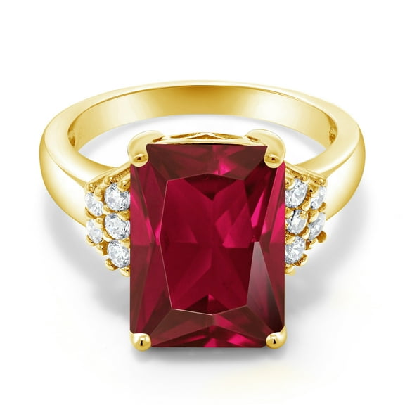 Gem Stone King 18K Yellow Gold Plated Silver Red Created Ruby Ring for Women (5.30 Cttw, Gemstone July Birthstone, Emerald Cut 14X10MM, Available in Size 5, 6, 7, 8, 9)