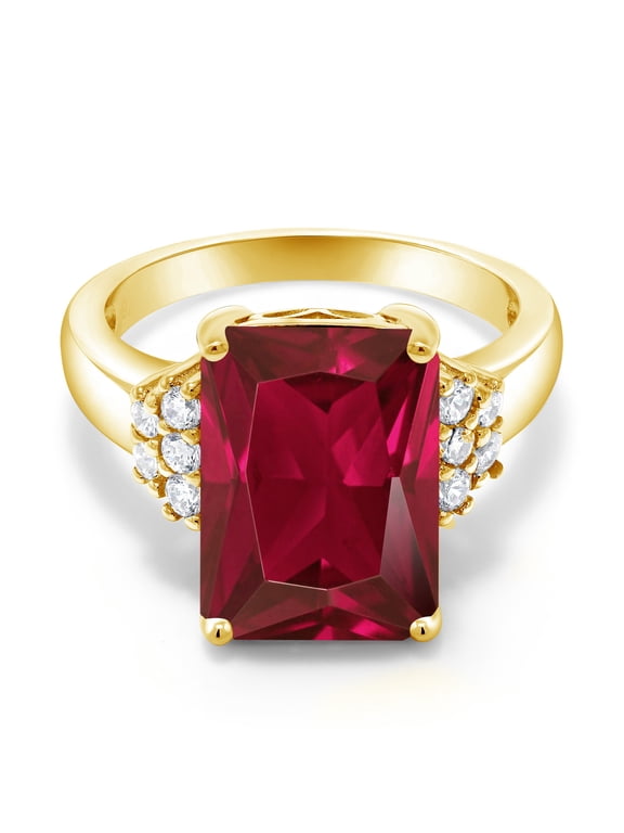 18K Yellow Gold Plated Silver Red Created Ruby Ring for Women (5.30 Cttw, Gemstone July Birthstone, Emerald Cut 14X10MM, Available in Size 5, 6, 7, 8, 9)