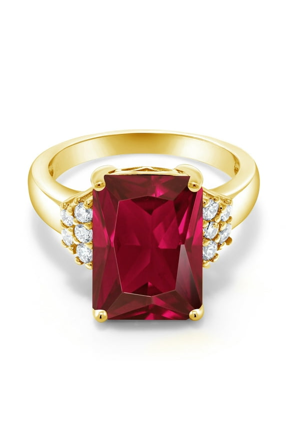 18K Yellow Gold Plated Silver Red Created Ruby Ring for Women (5.30 Cttw, Gemstone July Birthstone, Emerald Cut 14X10MM, Available in Size 5, 6, 7, 8, 9)