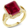 thumbnail image 1 of Gem Stone King 18K Yellow Gold Plated Silver Red Created Ruby Ring for Women (5.70 Cttw, Emerald Cut 12X10MM, Gemstone July Birthstone, Available in Size 5, 6, 7, 8, 9), 1 of 4