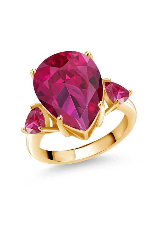 18K Yellow Gold Plated Silver Red Created Ruby Ring for Women (10.48 Cttw, Gemstone July Birthstone, Pear Shape 16X12MM, Size 5)