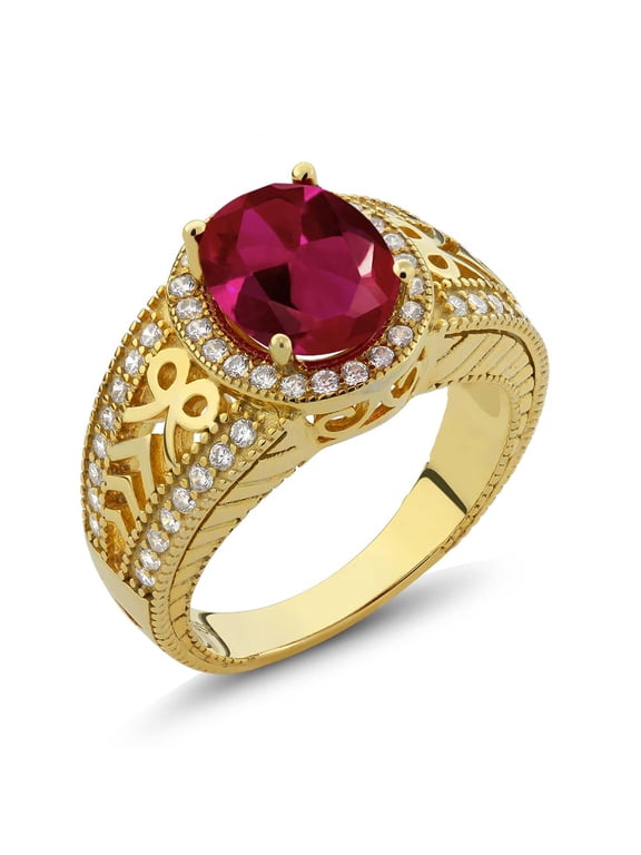 18K Yellow Gold Plated Silver Red Created Ruby Ring for Women (3.99 Cttw, Gemstone July Birthstone, Oval 10X8MM, Size 5)