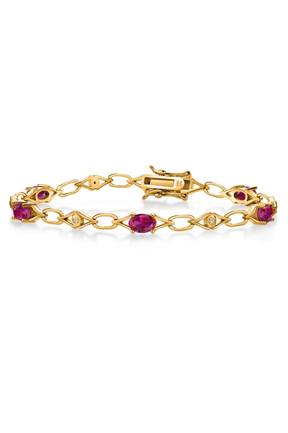 18K Yellow Gold Plated Silver Red Created Ruby and Round White Lab Grown Diamond Tennis Bracelet for Women (3.04 Cttw, Gemstone Birthstone, Oval 6X4MM, 7.25 inches)