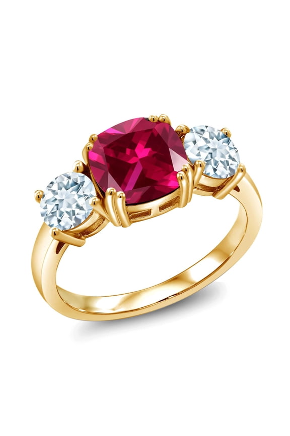18K Yellow Gold Plated Silver Red Created Ruby and Sky Blue Aquamarine 3 Stone Engagement Ring for Women (3.50 Cttw, Gemstone July Birthstone, Cushion 8MM, Size 8)