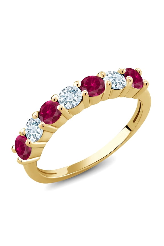 18K Yellow Gold Plated Silver Red Created Ruby Sky Blue Aquamarine Anniversary Ring for Women (1.51 Cttw, Gemstone Birthstone, Size 9)